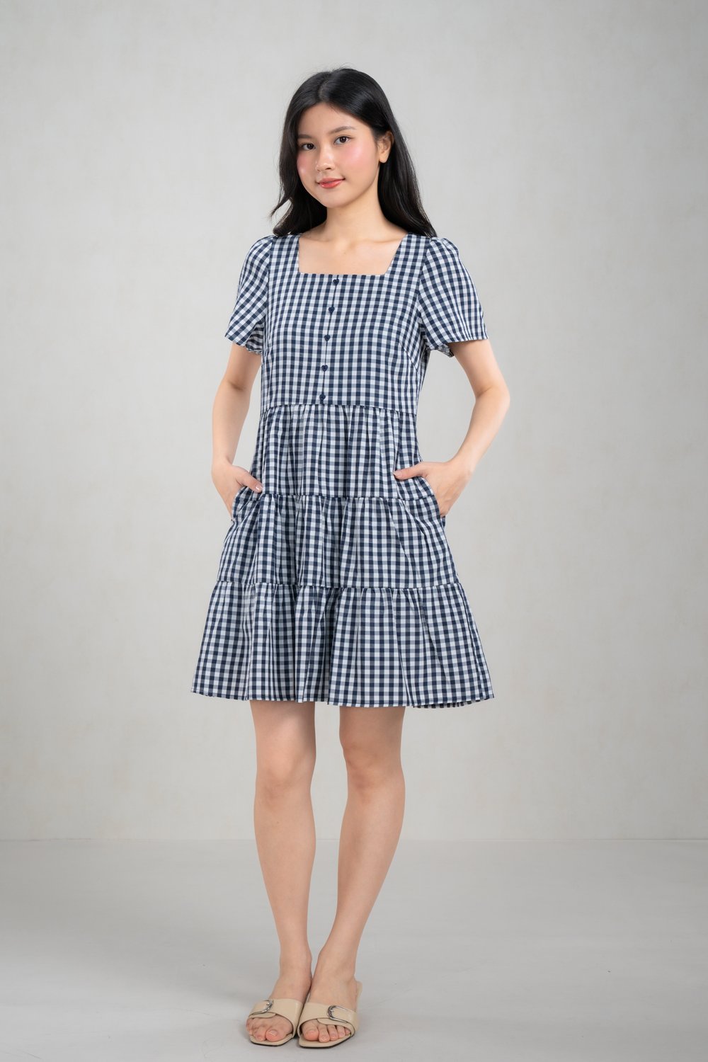 GERRIE GINGHAM SQUARE-NECK BABYDOLL DRESS IN NAVY
