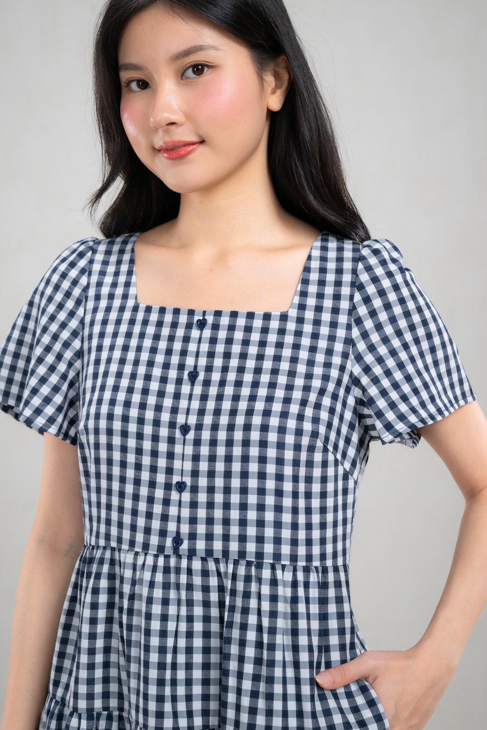 GERRIE GINGHAM SQUARE-NECK BABYDOLL DRESS IN NAVY