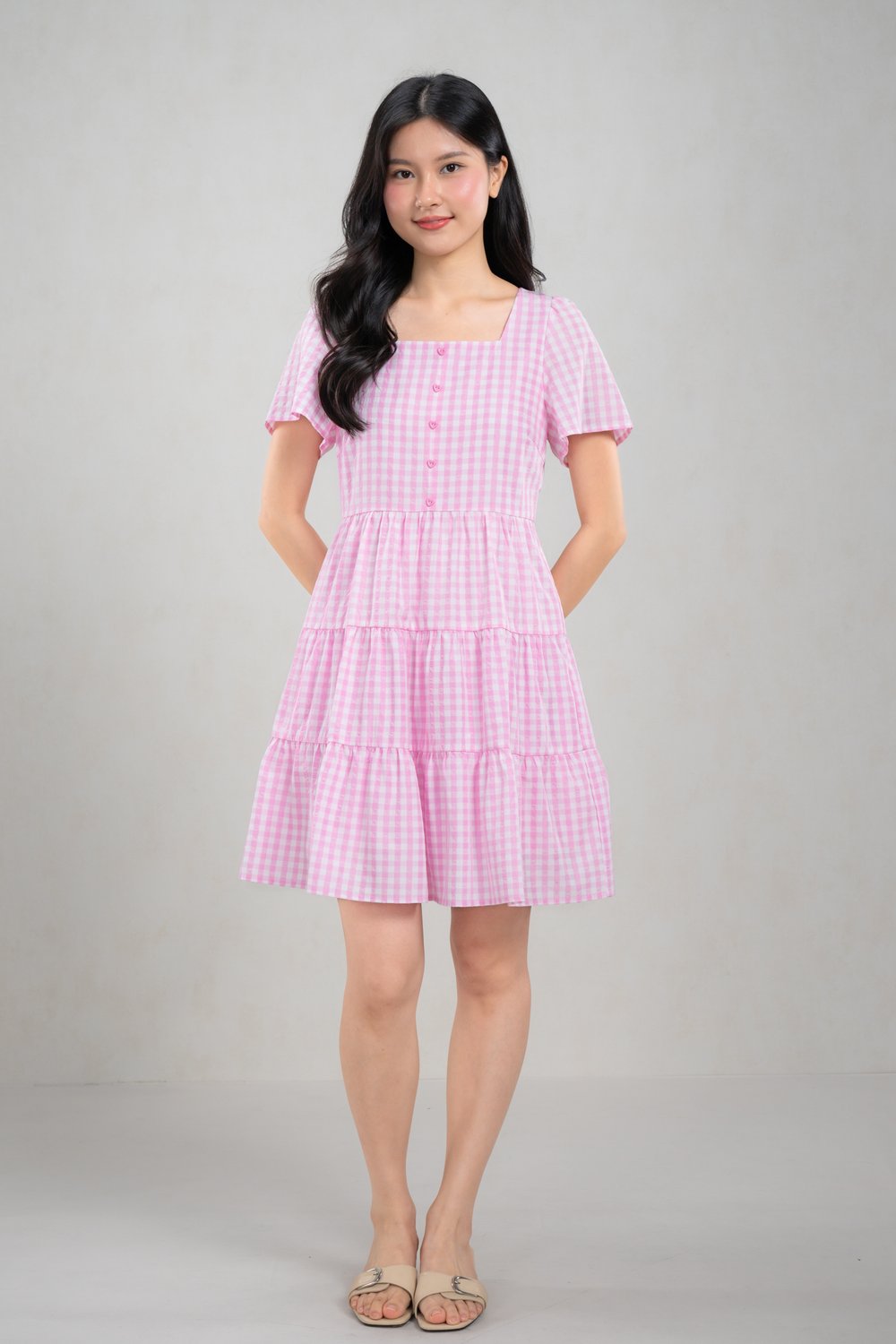 GERRIE GINGHAM SQUARE-NECK BABYDOLL DRESS IN PINK