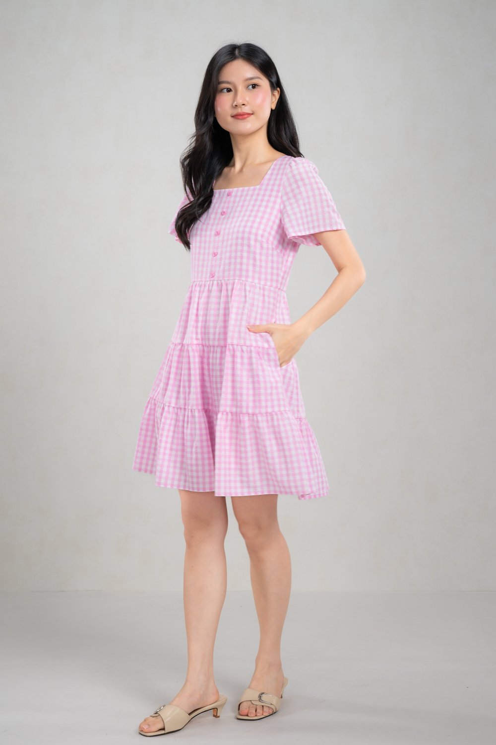GERRIE GINGHAM SQUARE-NECK BABYDOLL DRESS IN PINK