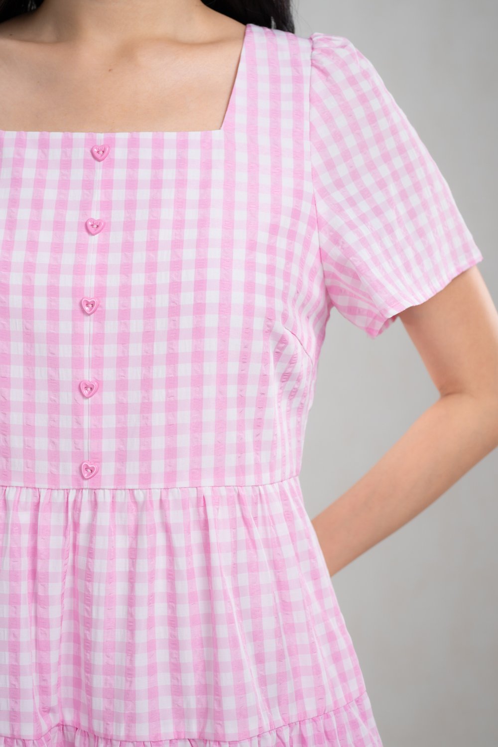GERRIE GINGHAM SQUARE-NECK BABYDOLL DRESS IN PINK