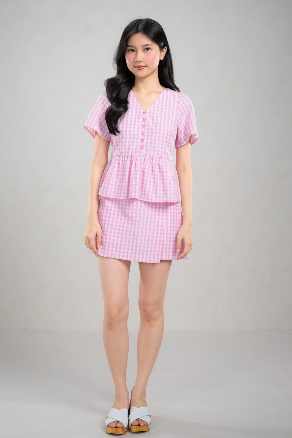 KERRIE GINGHAM SLEEVED PEPLUM TOP IN PINK