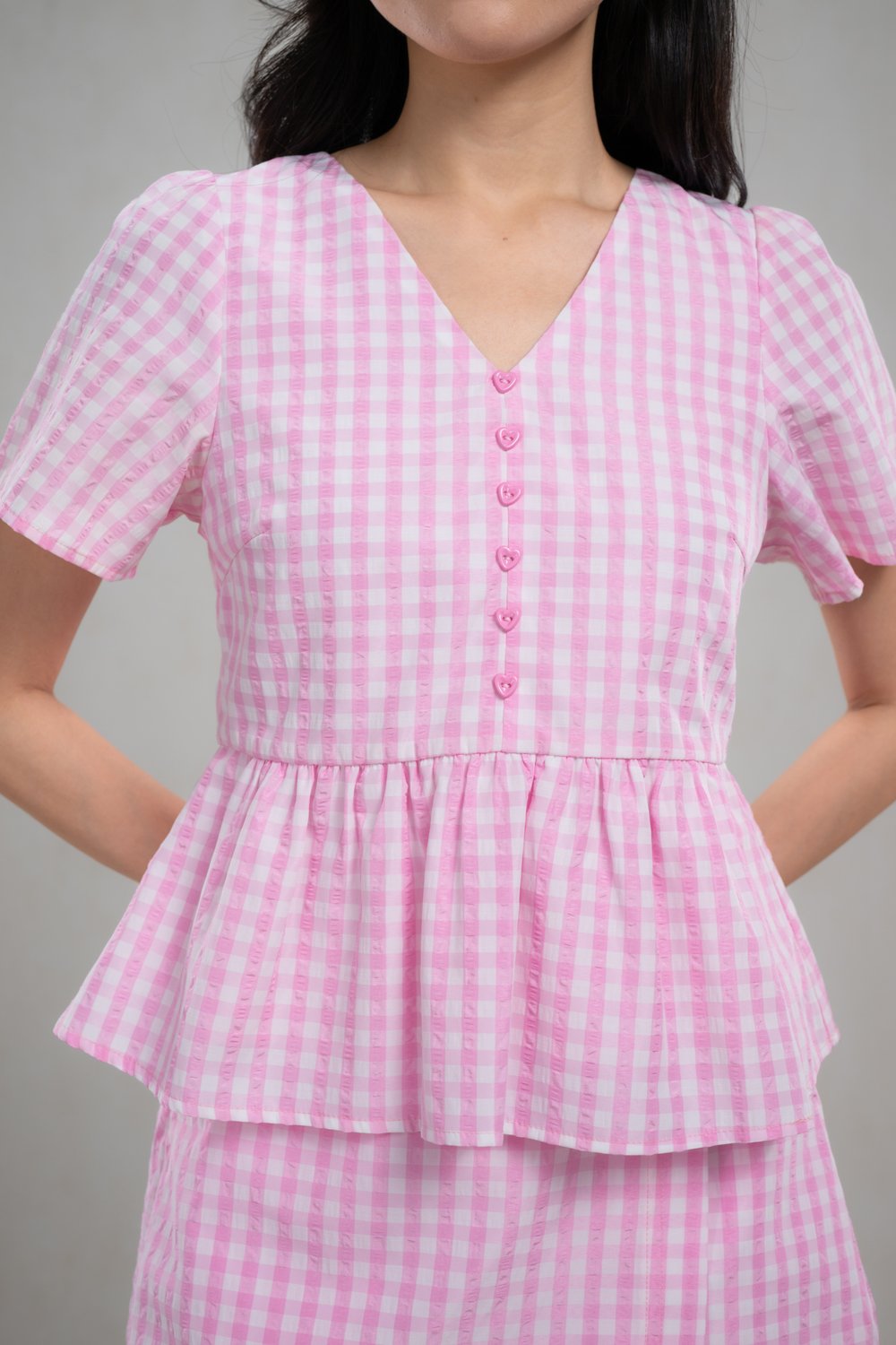 KERRIE GINGHAM SLEEVED PEPLUM TOP IN PINK
