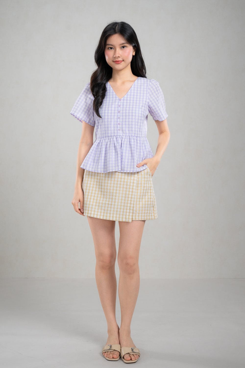 KERRIE GINGHAM SLEEVED PEPLUM TOP IN LILAC