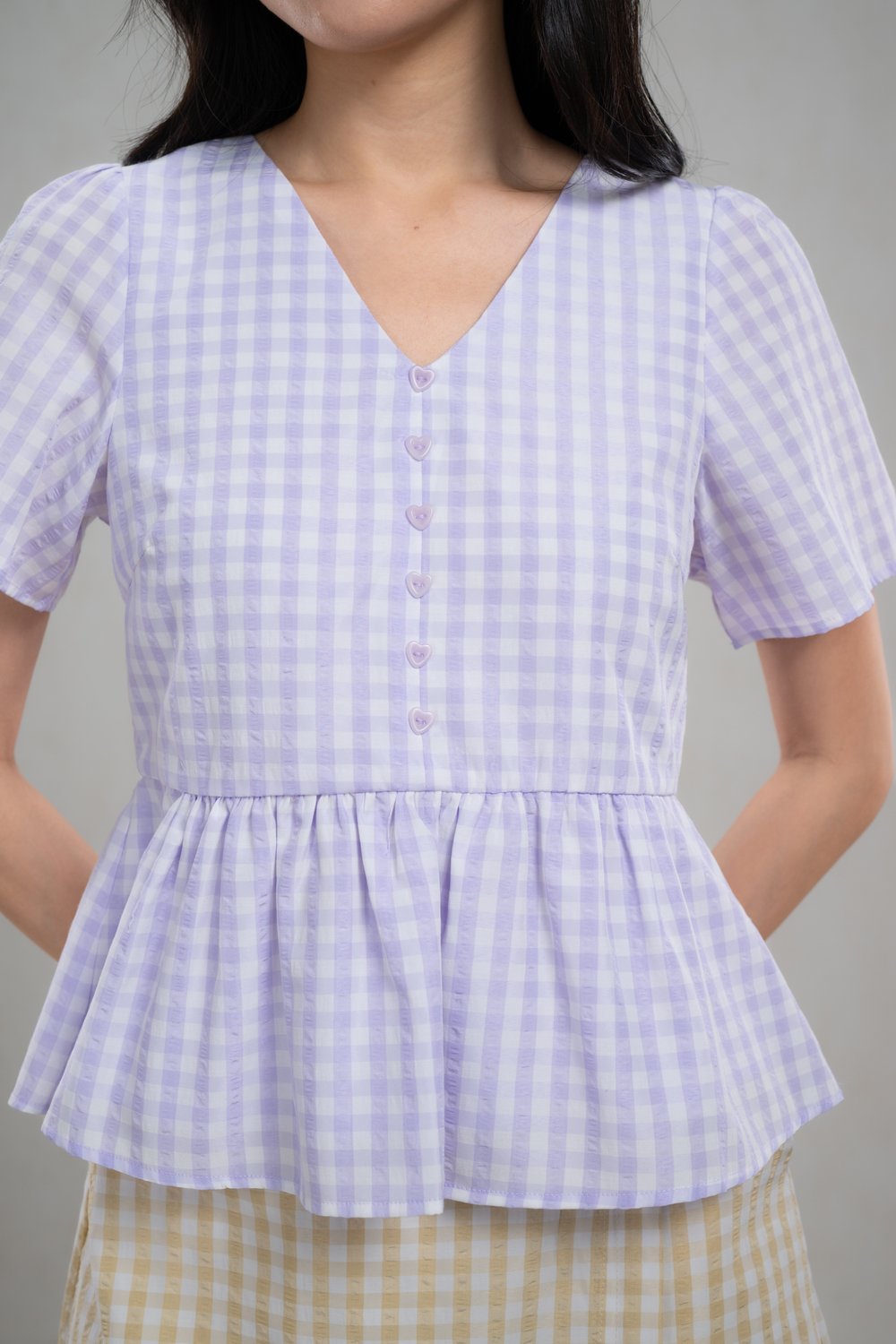 KERRIE GINGHAM SLEEVED PEPLUM TOP IN LILAC