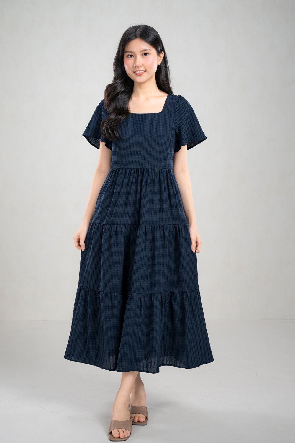 SOHA SQUARE-NECK TIERED MIDI DRESS IN NAVY