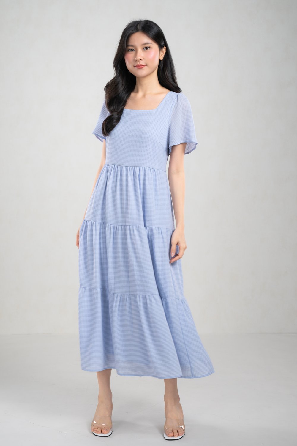 SOHA SQUARE-NECK TIERED MIDI DRESS IN PERIWINKLE