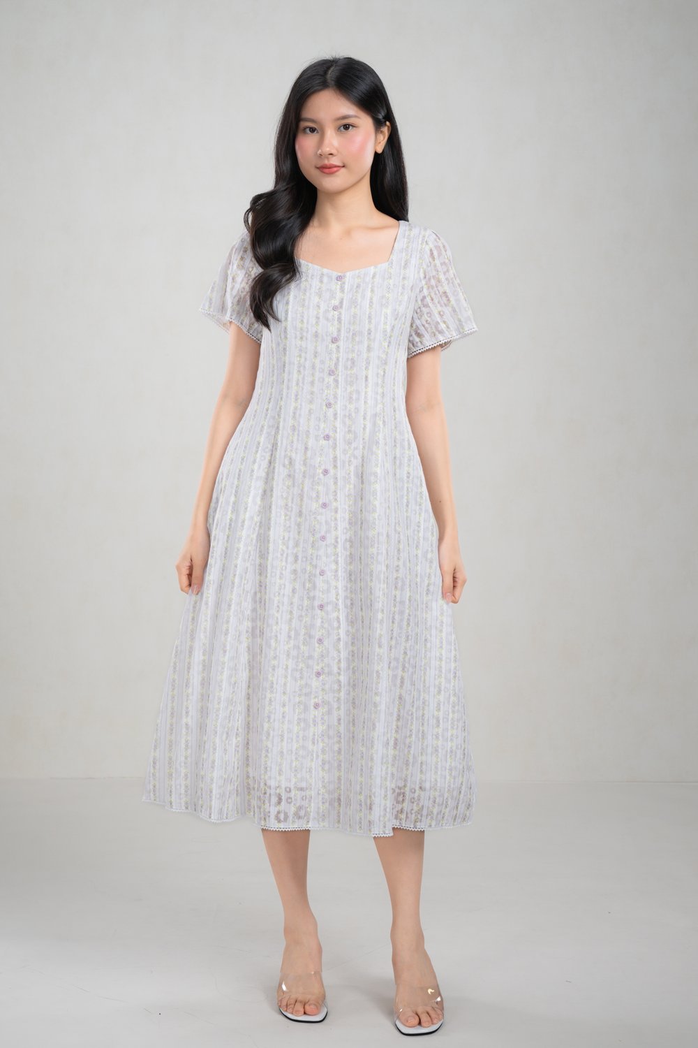 CHERIE FLORAL STRIPE SWEETHEART SLEEVED MIDI DRESS