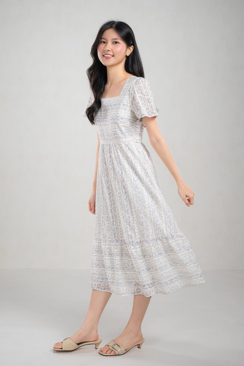 LEITH FLORAL STRIPE SQUARE-NECK SLEEVED MIDI DRESS