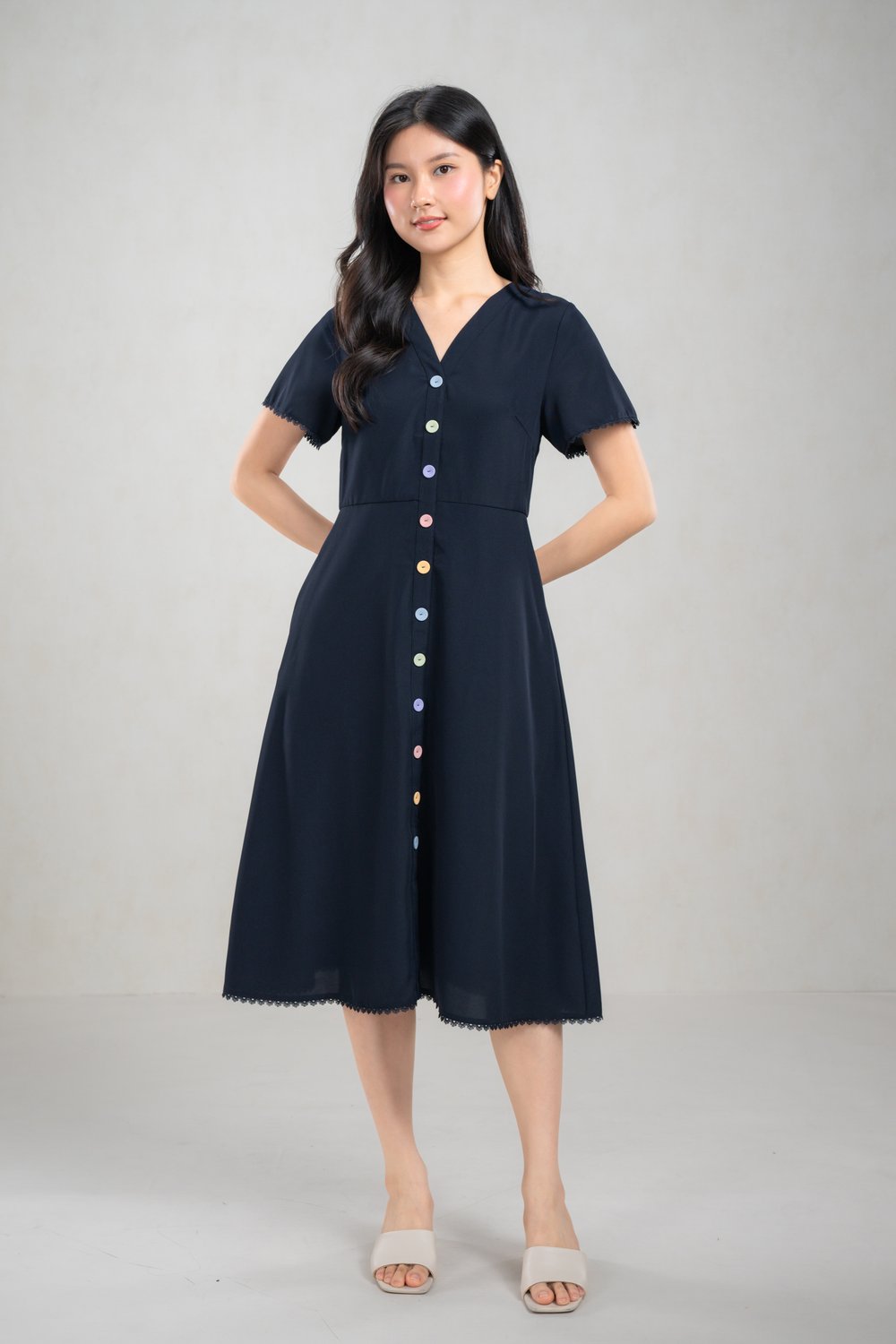 KIAN NAVY SLEEVED COLOURFUL BUTTON MIDI DRESS