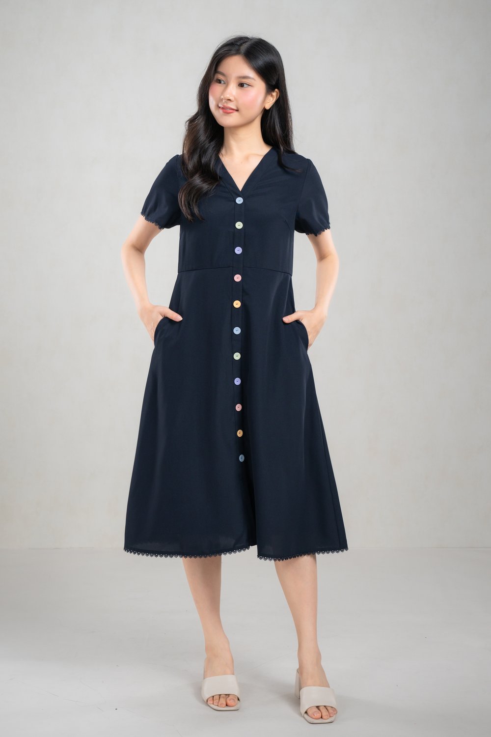 KIAN NAVY SLEEVED COLOURFUL BUTTON MIDI DRESS