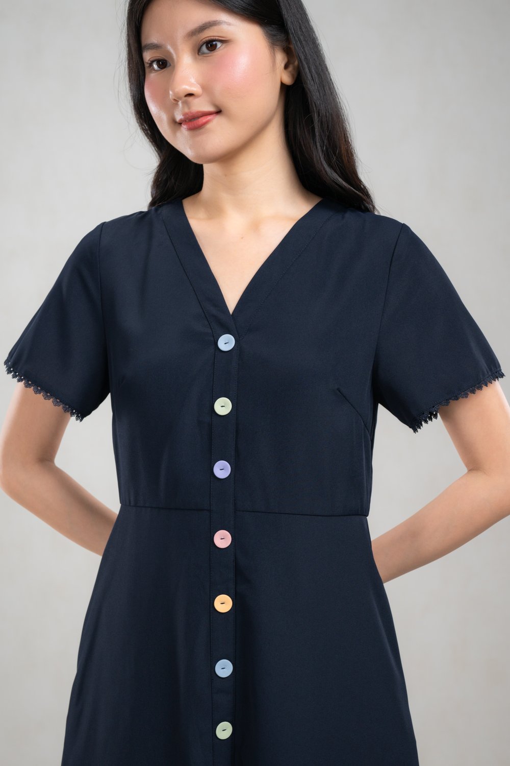 KIAN NAVY SLEEVED COLOURFUL BUTTON MIDI DRESS