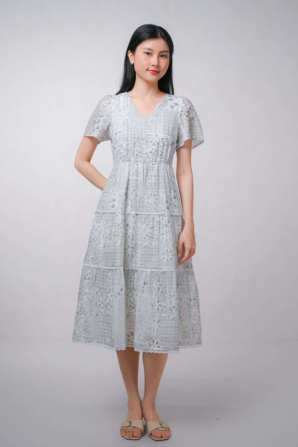 MARVETTE PATCHWORK EYELET V-NECK TIERED DRESS