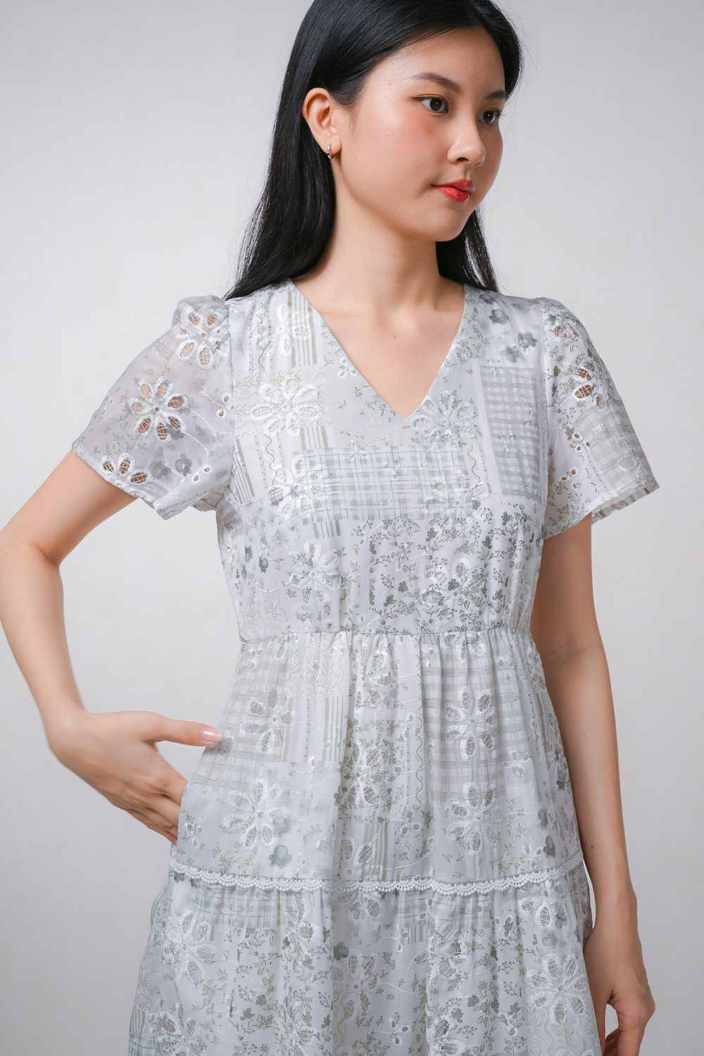 MARVETTE PATCHWORK EYELET V-NECK TIERED DRESS