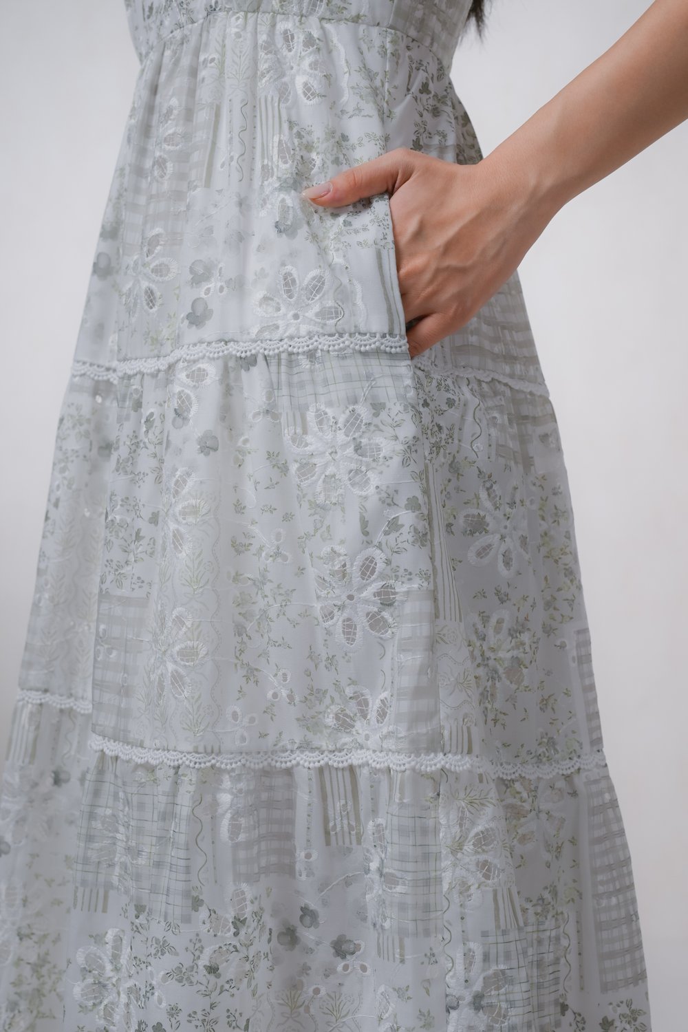 MARVETTE PATCHWORK EYELET V-NECK TIERED DRESS