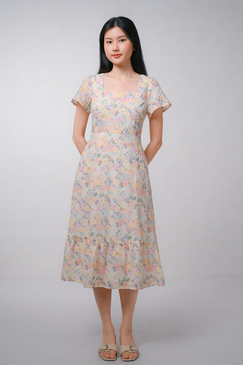 IDELLE EYELET FLORAL SQUARE-NECK SLEEVED DRESS