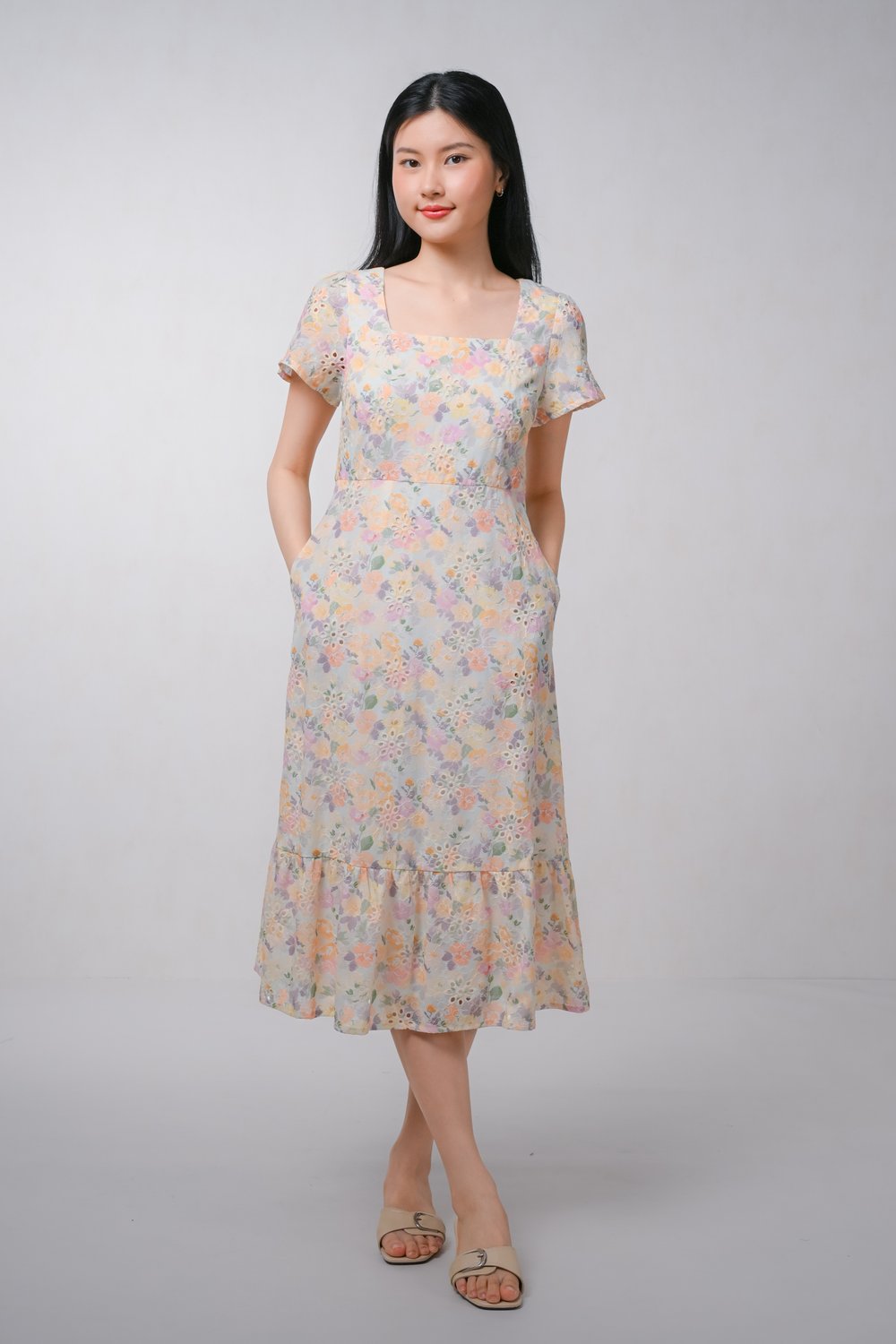 IDELLE EYELET FLORAL SQUARE-NECK SLEEVED DRESS