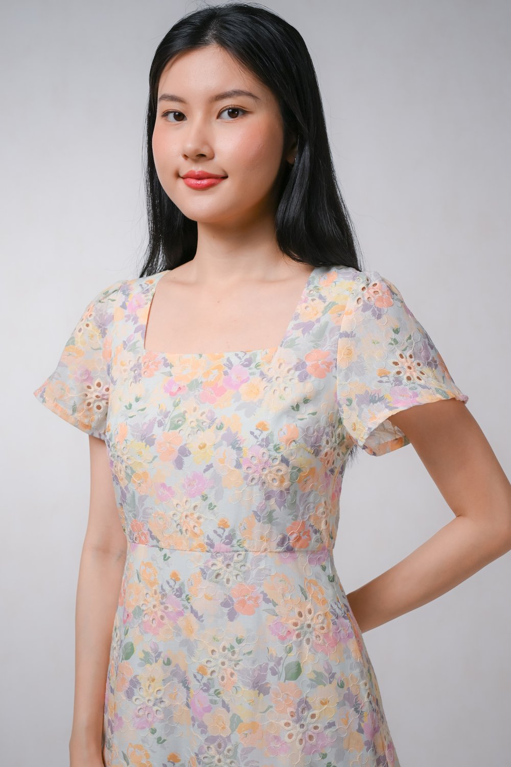 IDELLE EYELET FLORAL SQUARE-NECK SLEEVED DRESS