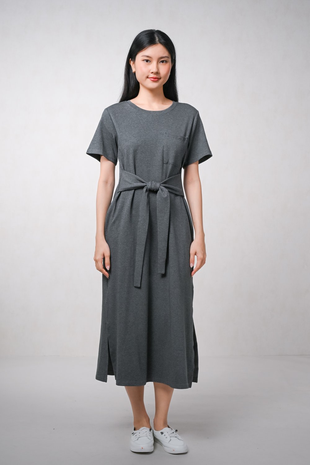 MADDIE TIE-SASH TEE DRESS IN HEATHER GREY