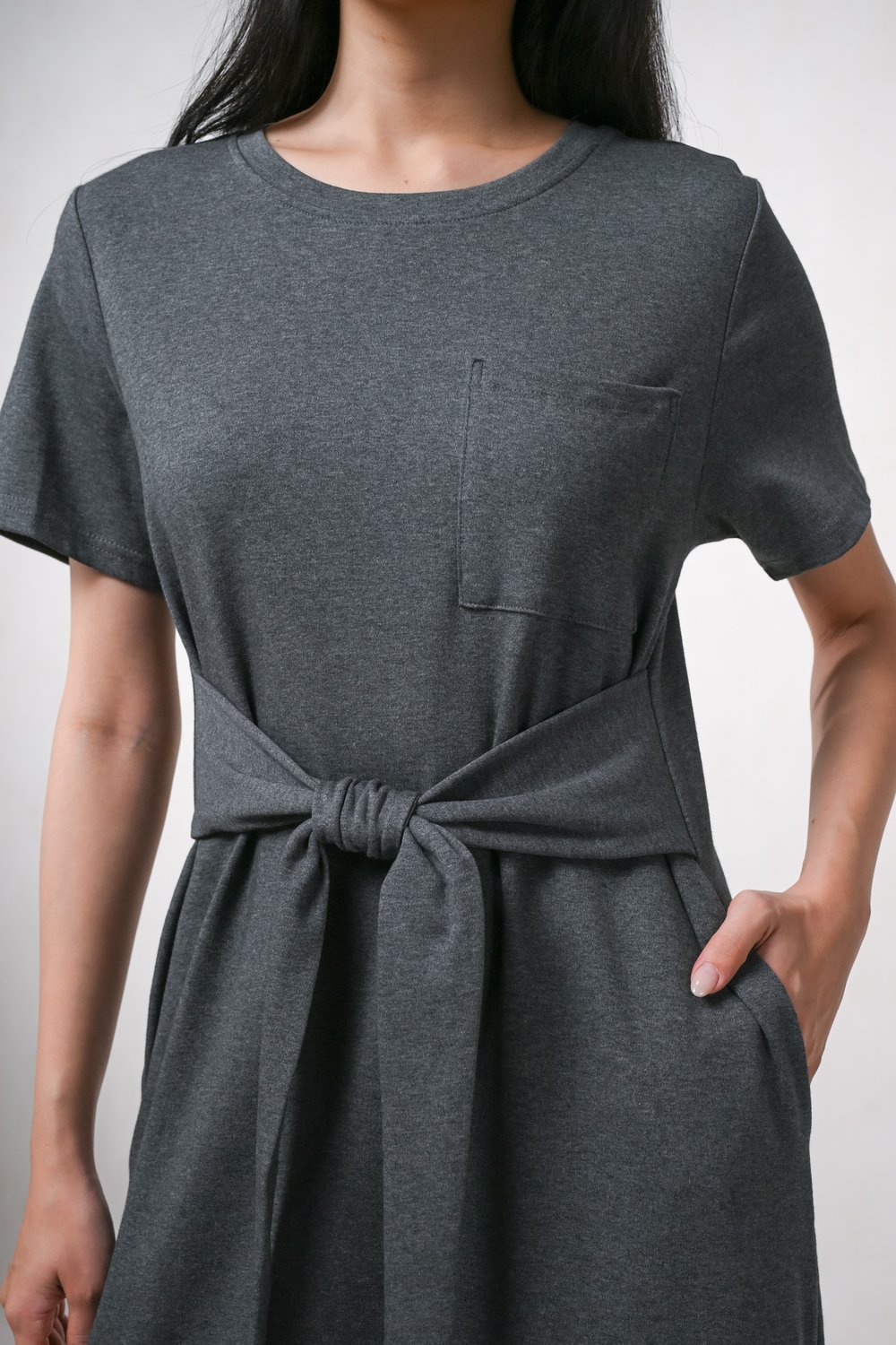 MADDIE TIE-SASH TEE DRESS IN HEATHER GREY