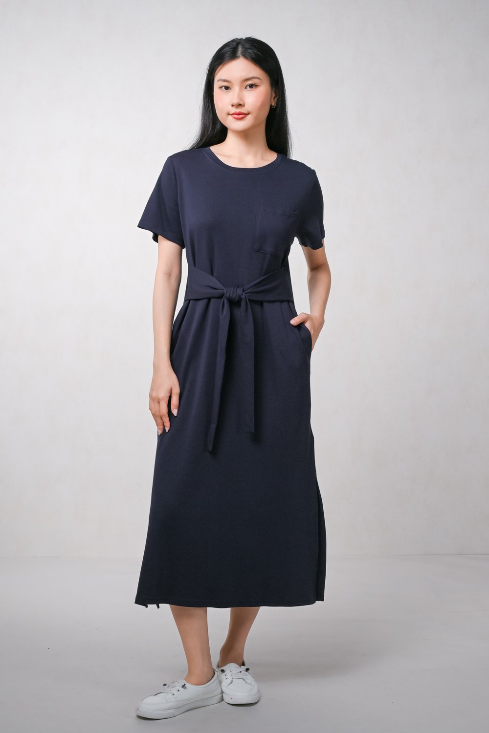 MADDIE TIE-SASH TEE DRESS IN NAVY