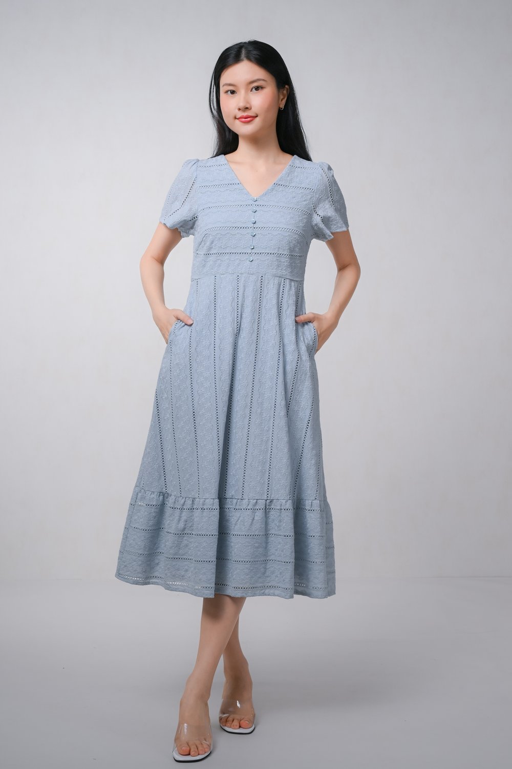 CHARDON EYELET V-NECK SLEEVED MIDI DRESS IN BLUE
