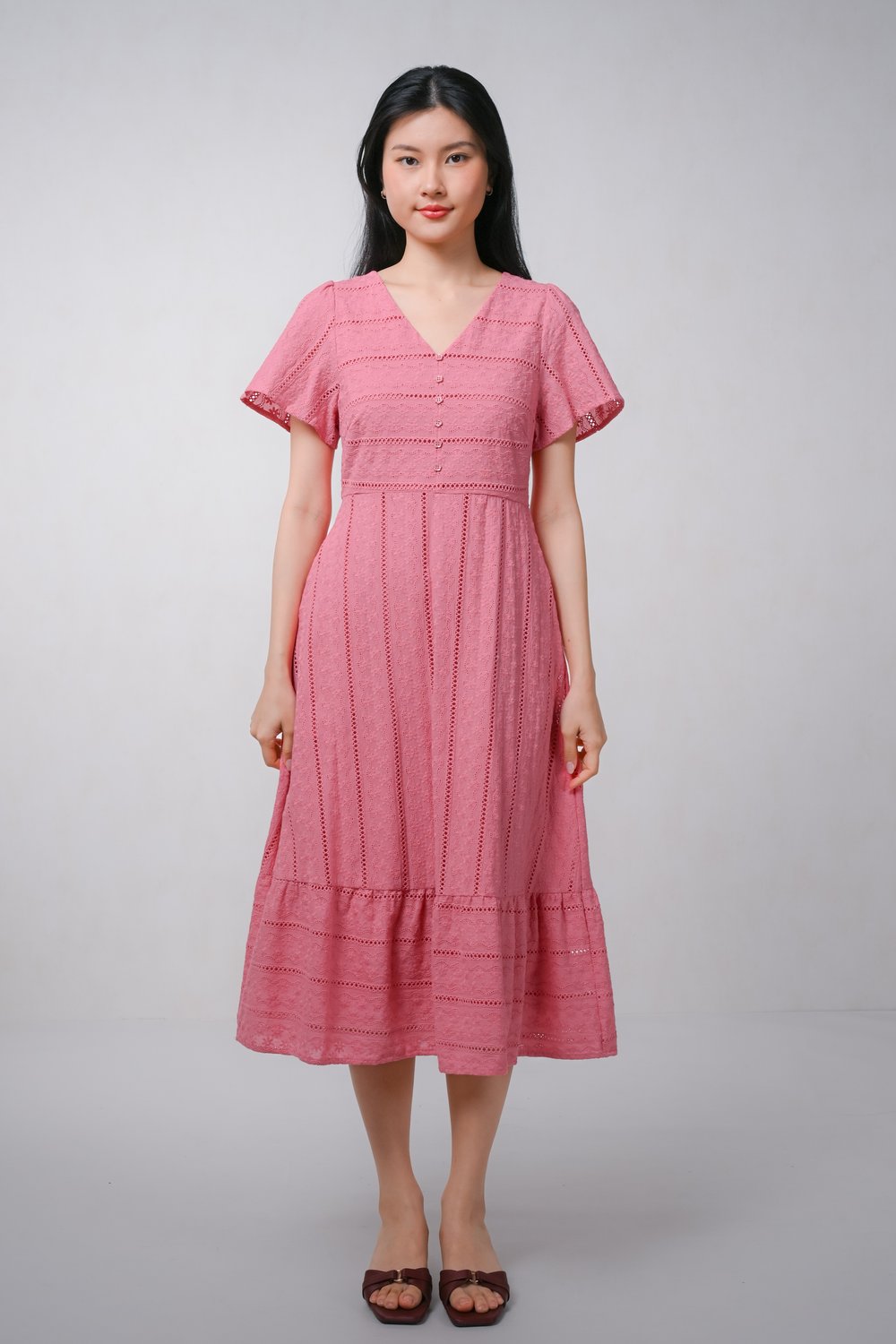 CHARDON EYELET V-NECK SLEEVED MIDI DRESS IN PINK