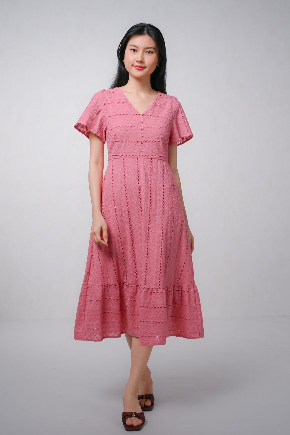 CHARDON EYELET V-NECK SLEEVED MIDI DRESS IN PINK
