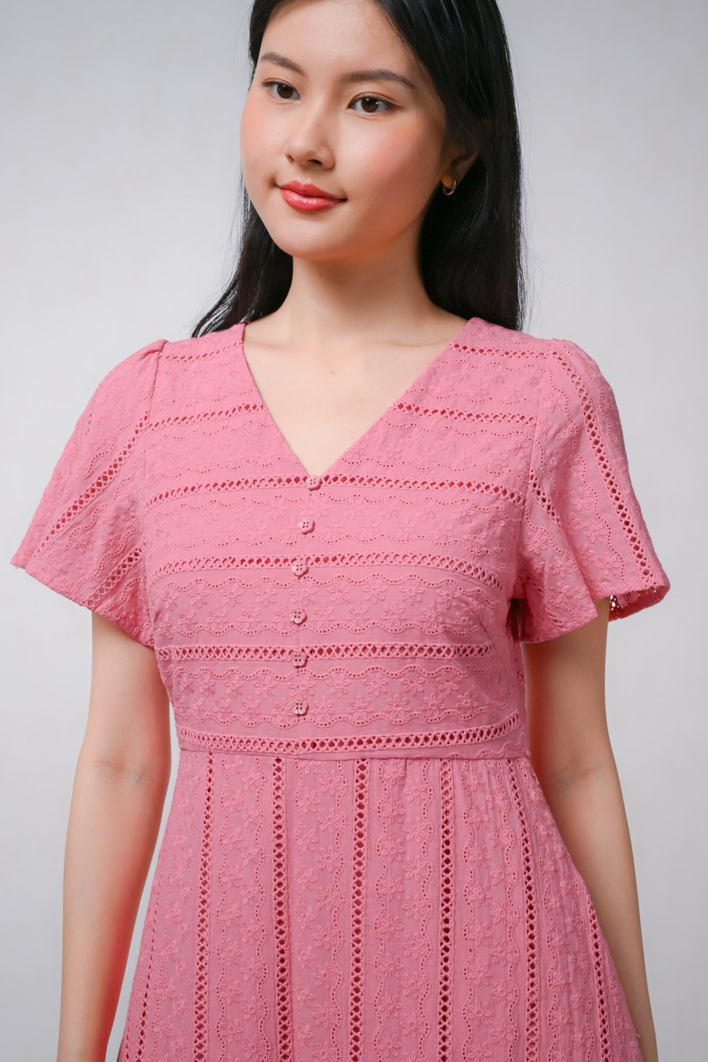CHARDON EYELET V-NECK SLEEVED MIDI DRESS IN PINK