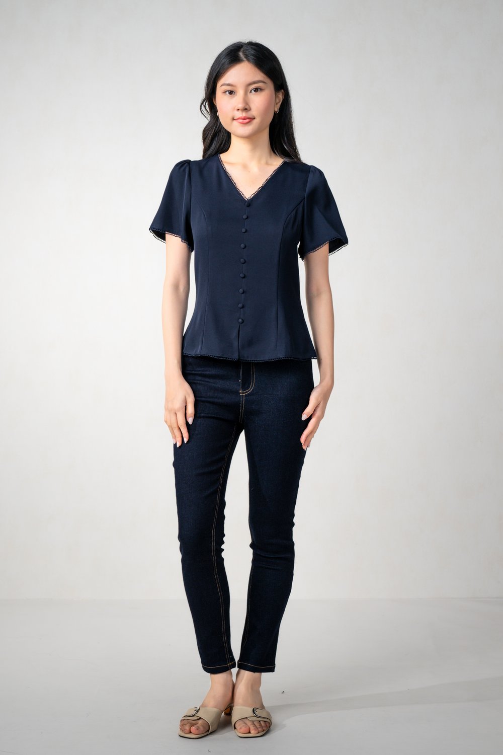 MISHA LACE-TRIM SLEEVED TOP IN NAVY