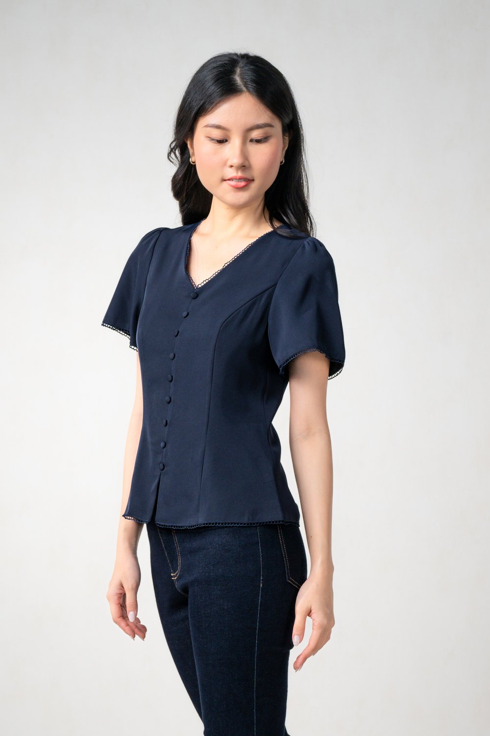MISHA LACE-TRIM SLEEVED TOP IN NAVY