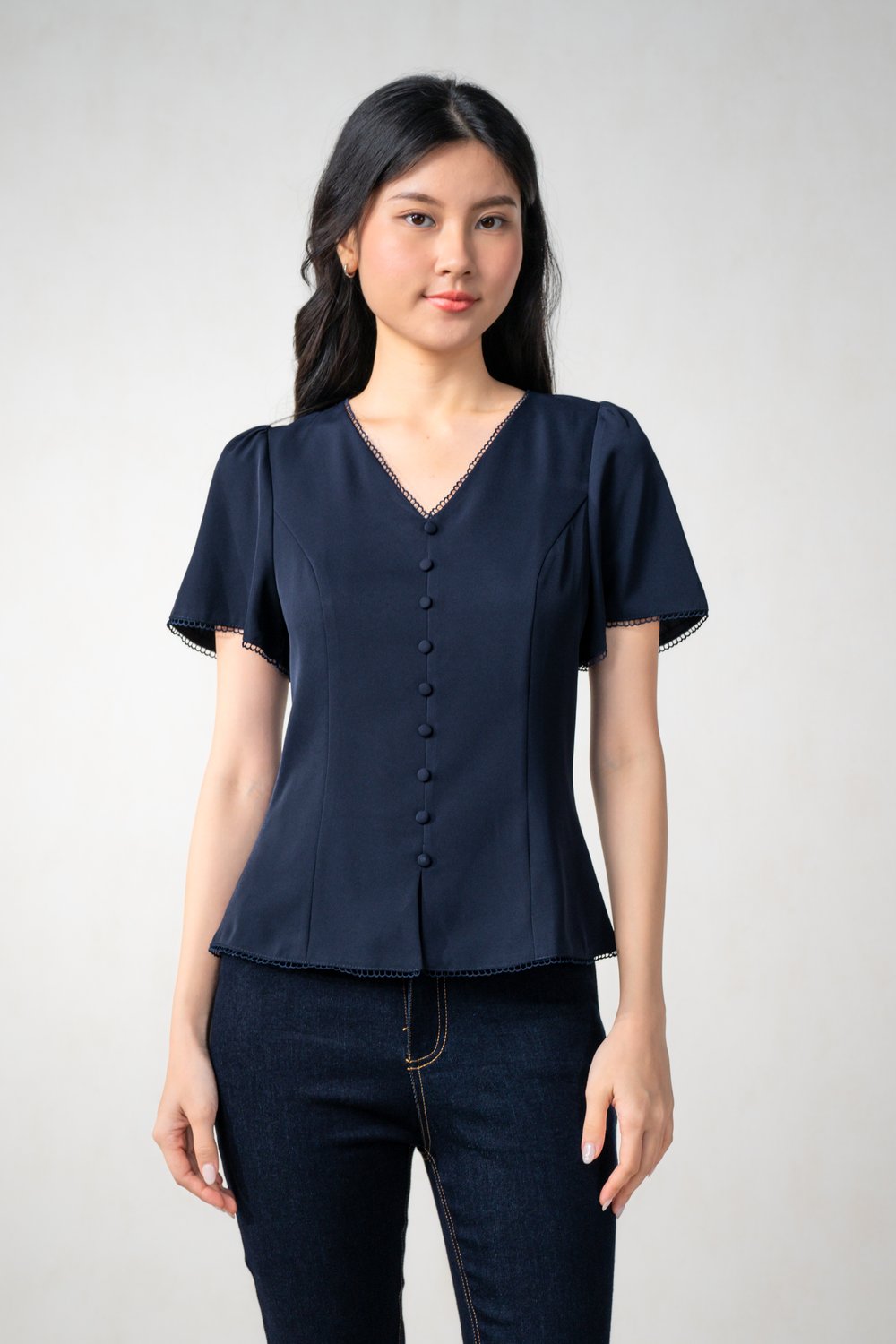 MISHA LACE-TRIM SLEEVED TOP IN NAVY