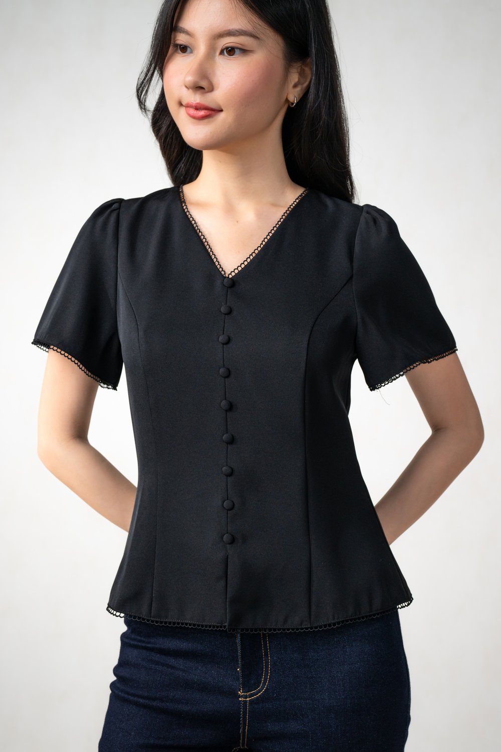 MISHA LACE-TRIM SLEEVED TOP IN BLACK
