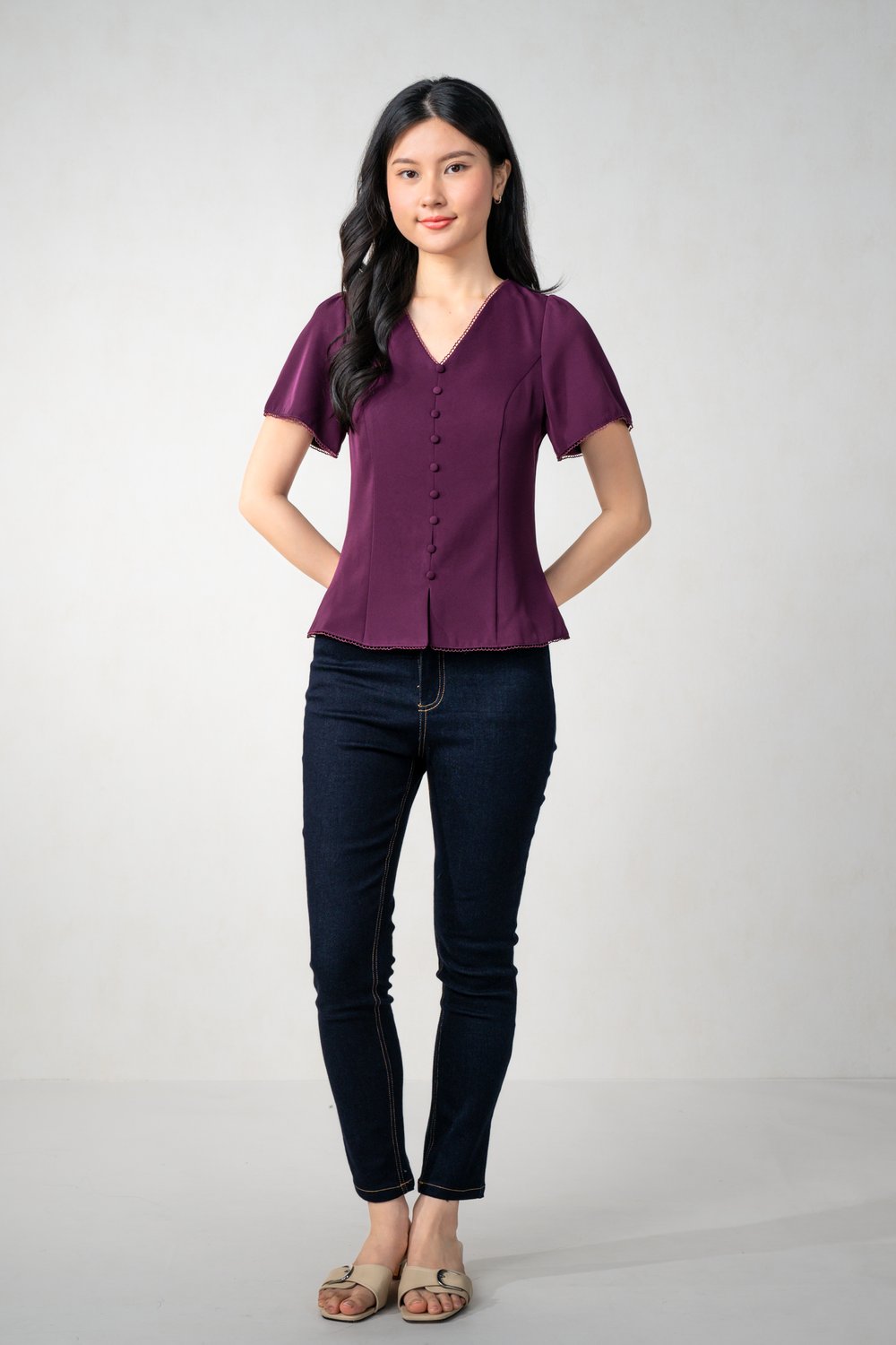 MISHA LACE-TRIM SLEEVED TOP IN PLUM