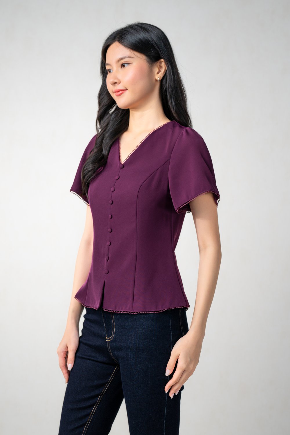 MISHA LACE-TRIM SLEEVED TOP IN PLUM