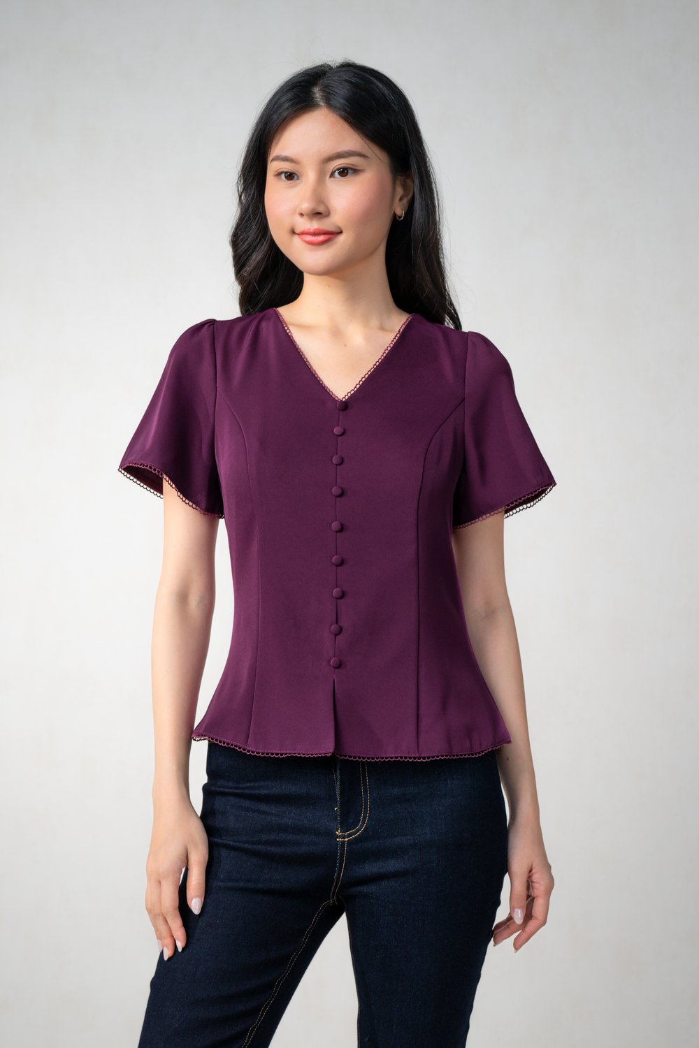 MISHA LACE-TRIM SLEEVED TOP IN PLUM