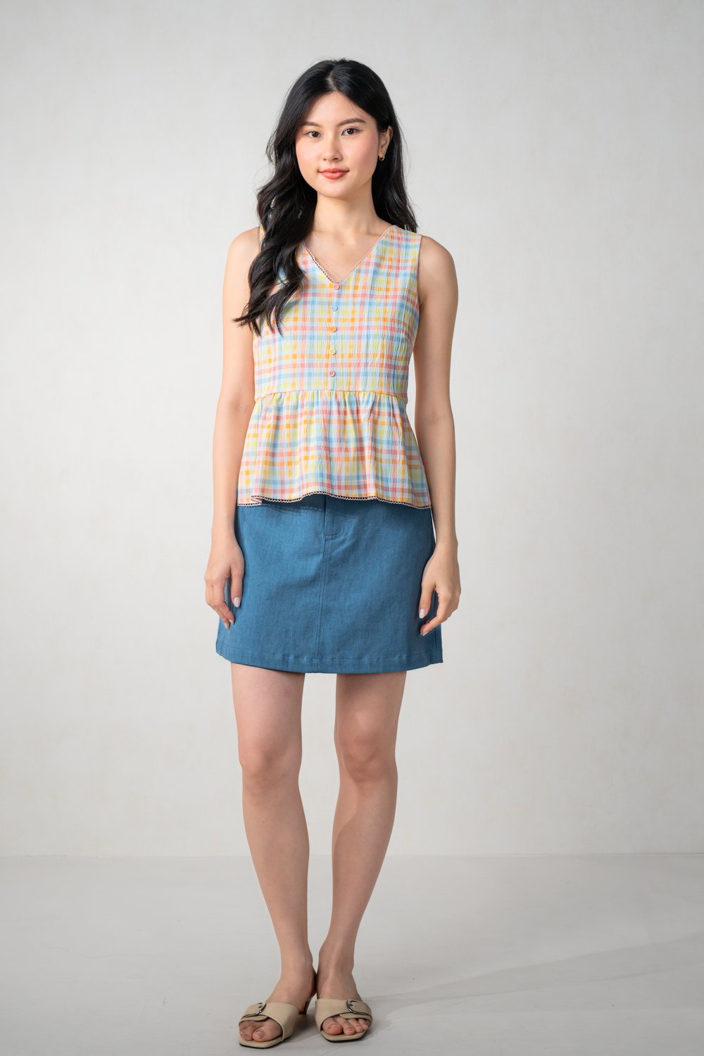 CANDY GINGHAM SLEEVELESS PEPLUM TOP