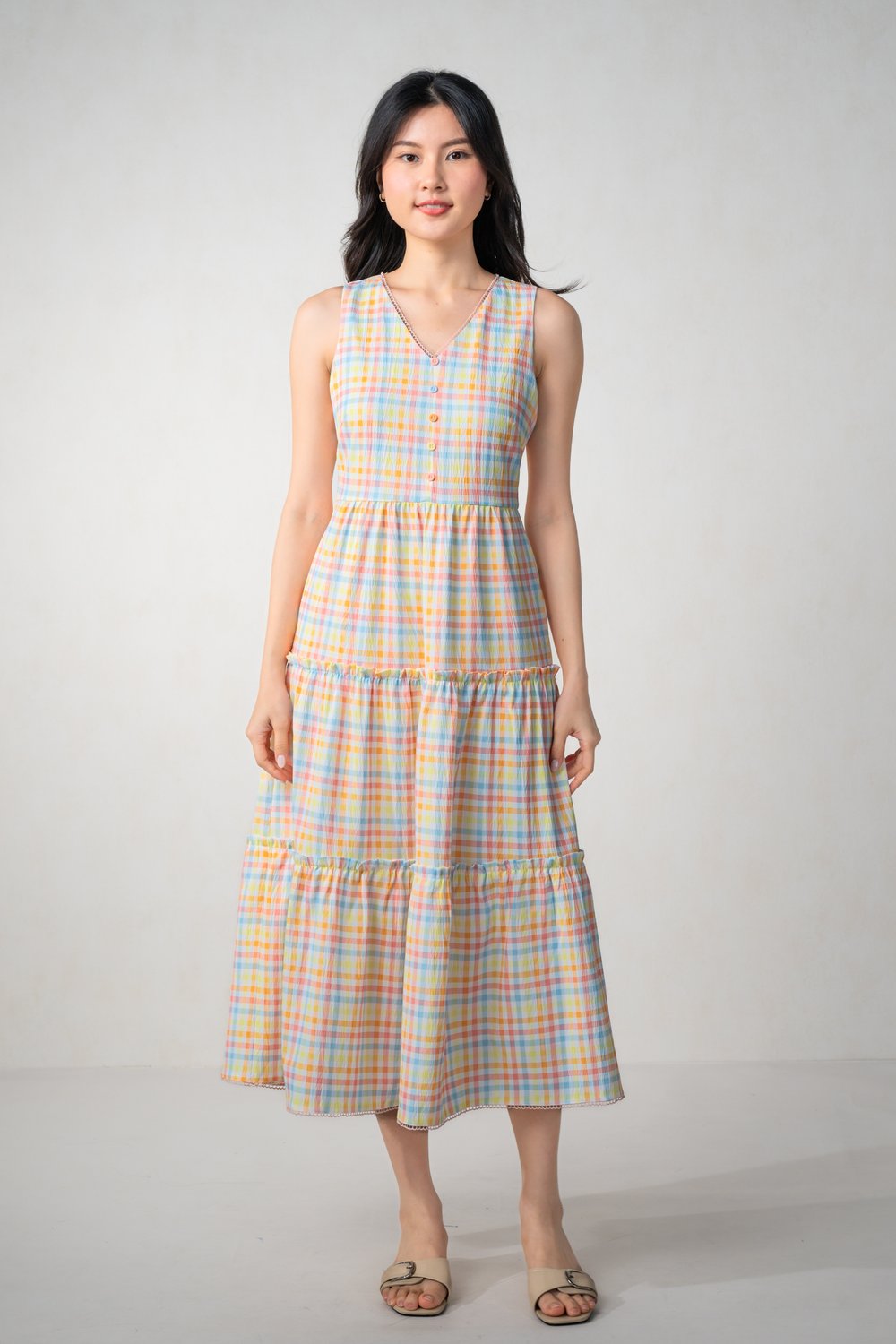 CANDY GINGHAM SLEEVELESS TIERED MIDAXI DRESS