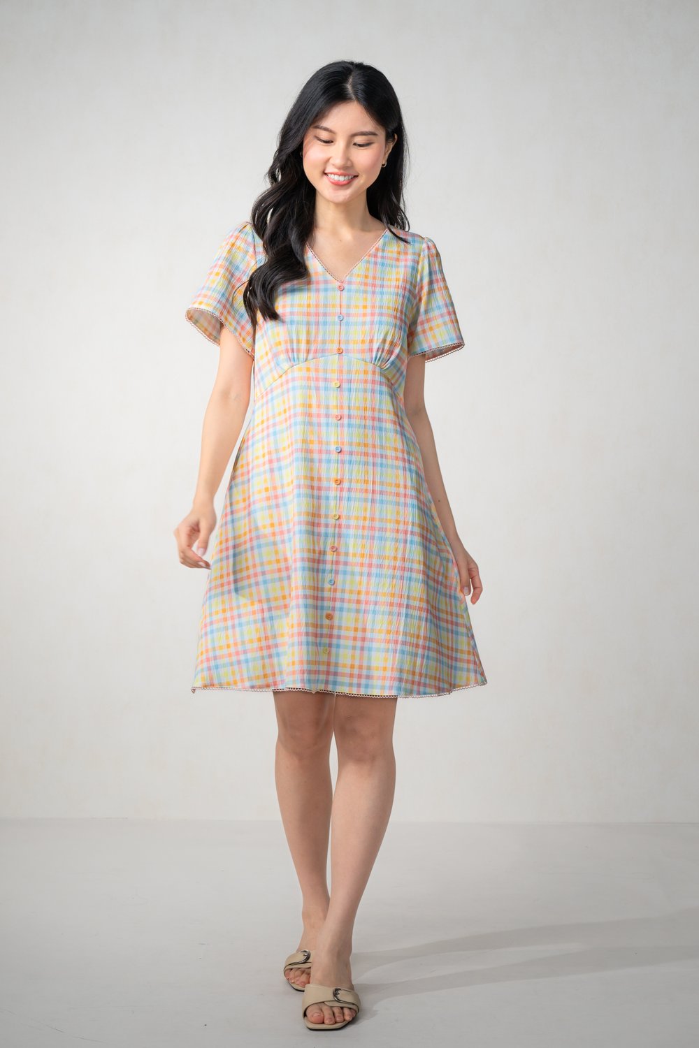 CANDY GINGHAM V-NECK SLEEVED BUTTON DRESS