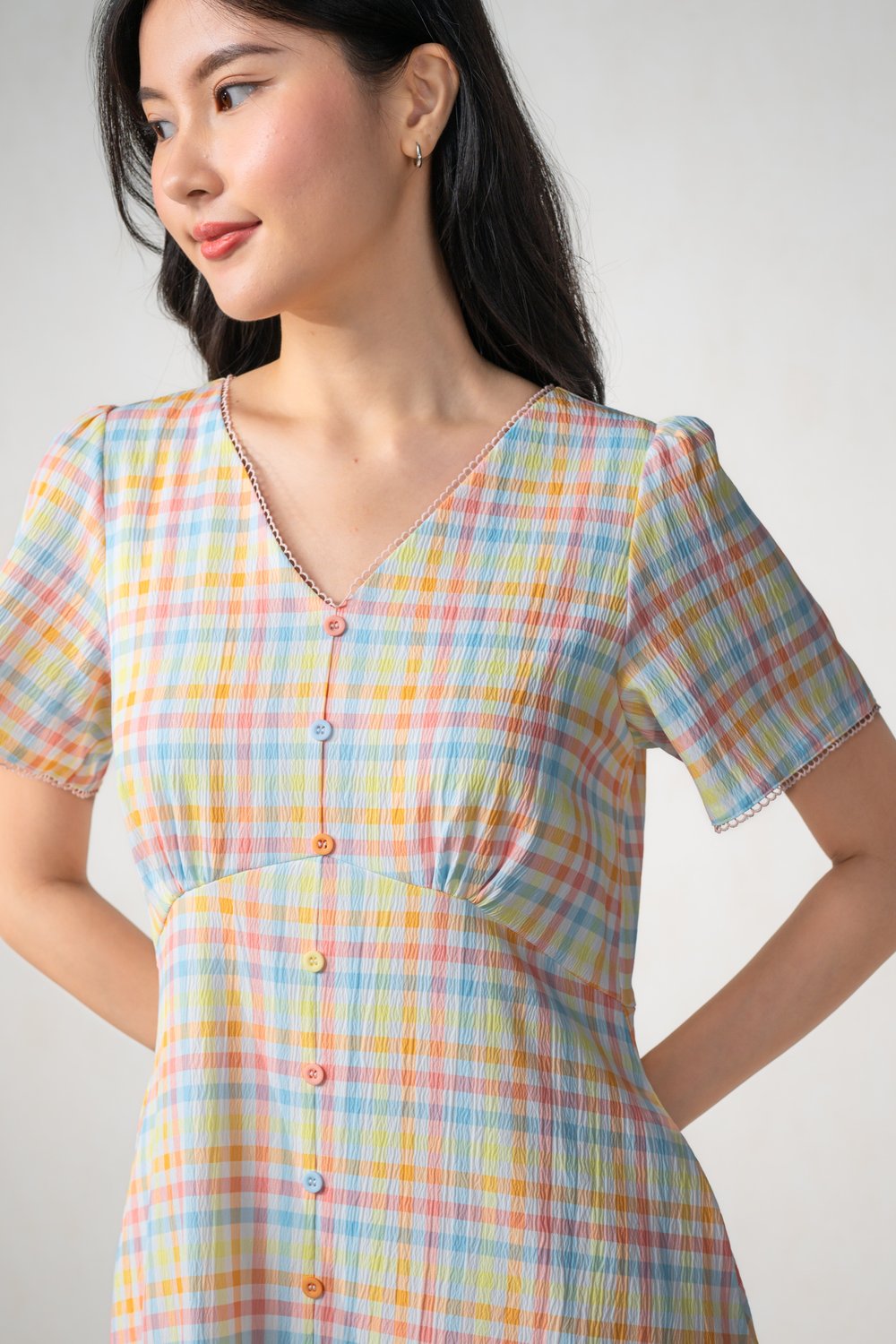 CANDY GINGHAM V-NECK SLEEVED BUTTON DRESS