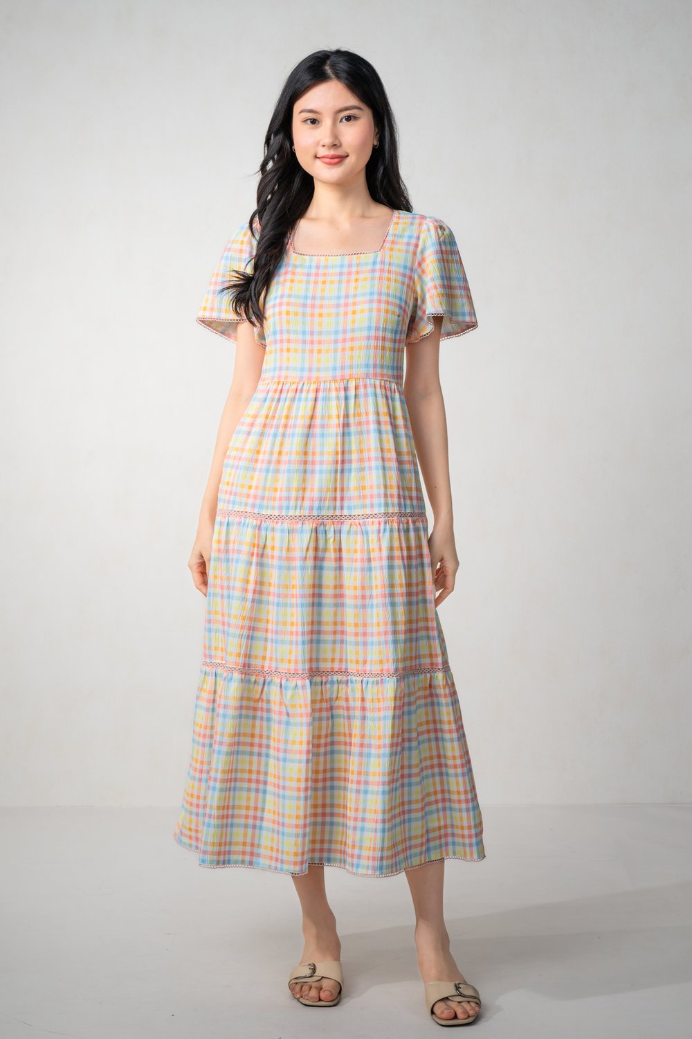 CANDY GINGHAM SQUARE-NECK SLEEVED TIERED DRESS
