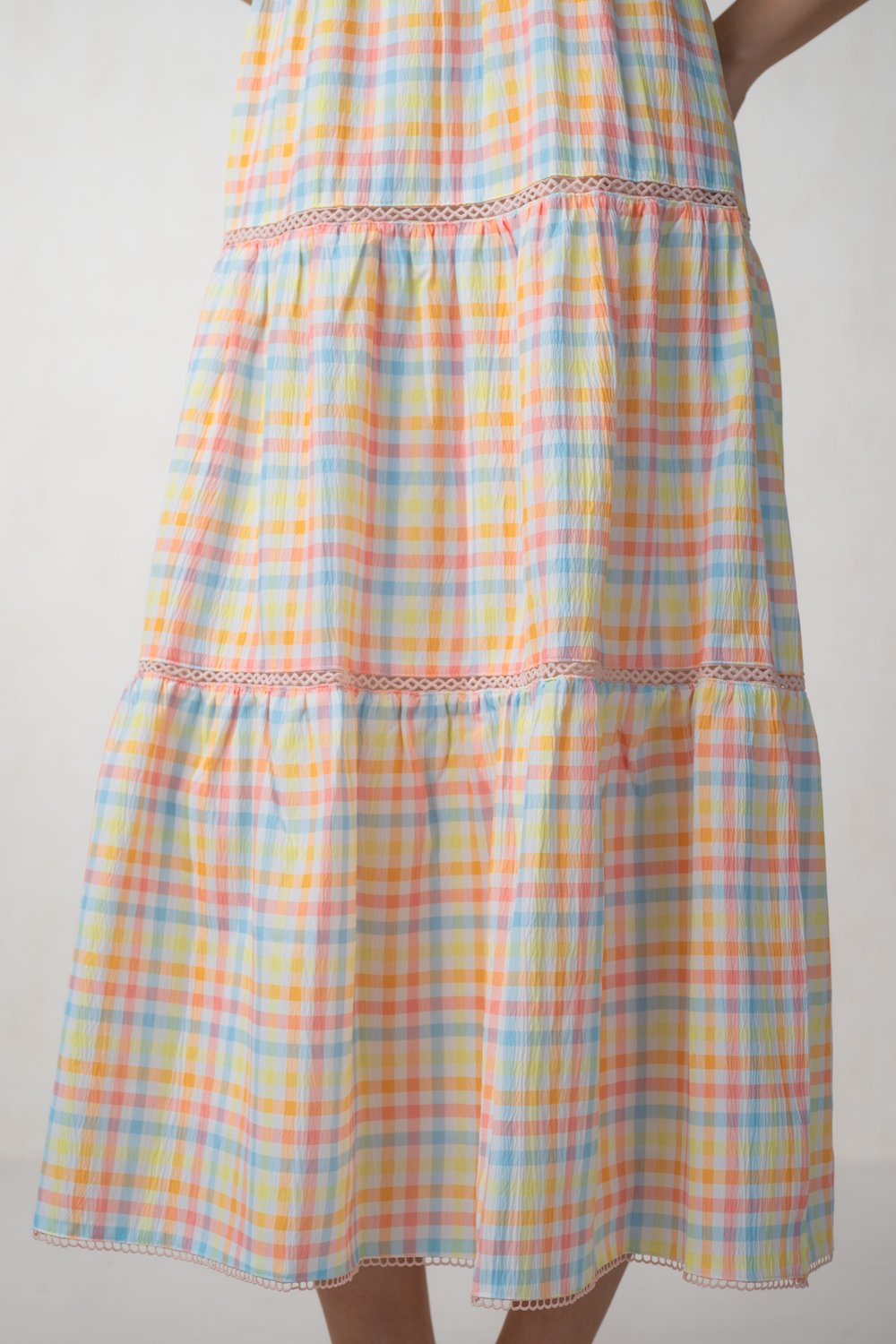 CANDY GINGHAM SQUARE-NECK SLEEVED TIERED DRESS