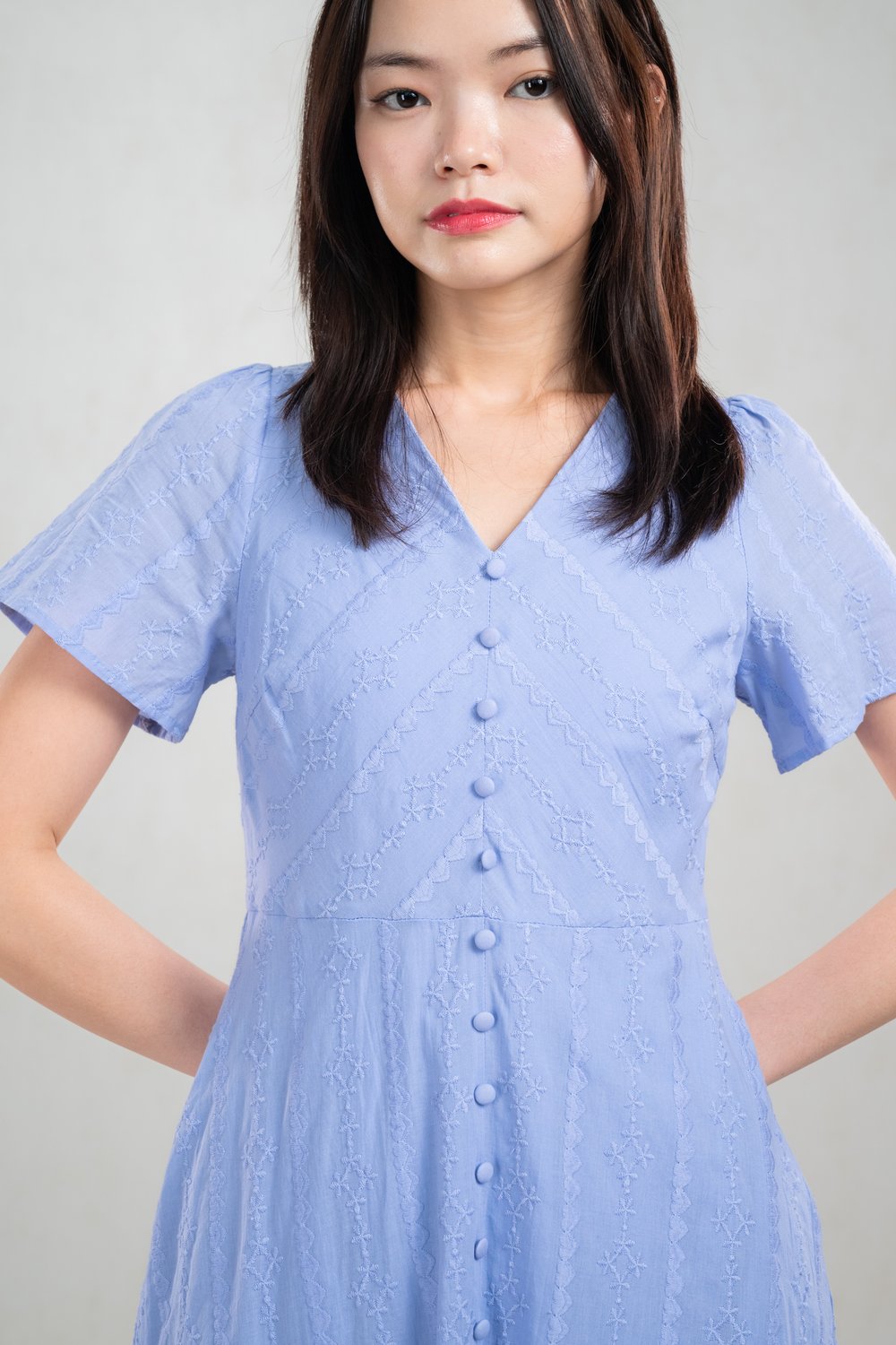 JOVIA EYELET SLEEVED BUTTON DRESS IN DUSTY PERI
