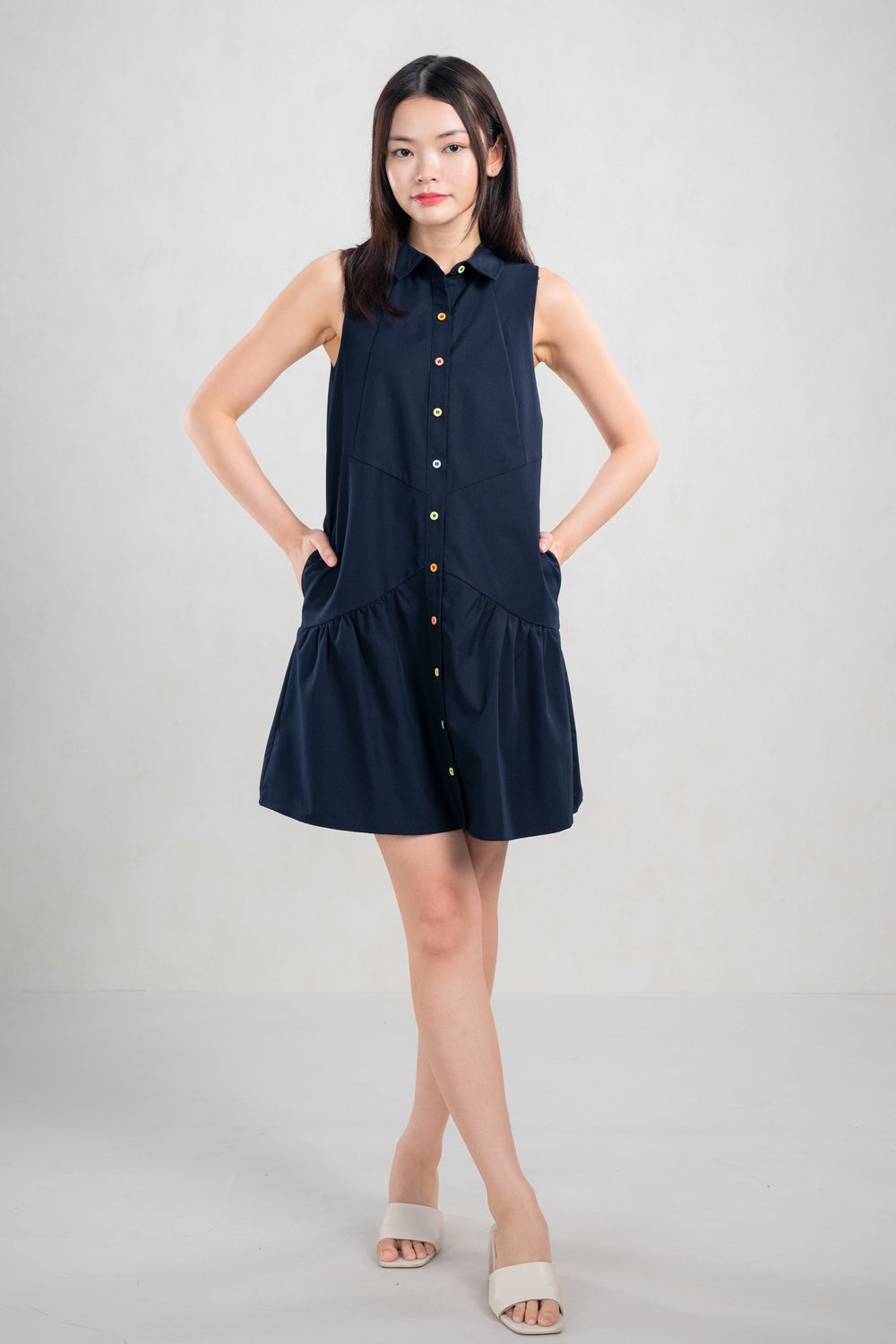 JAELYN SLEEVELESS SHIRT-DRESS IN NAVY