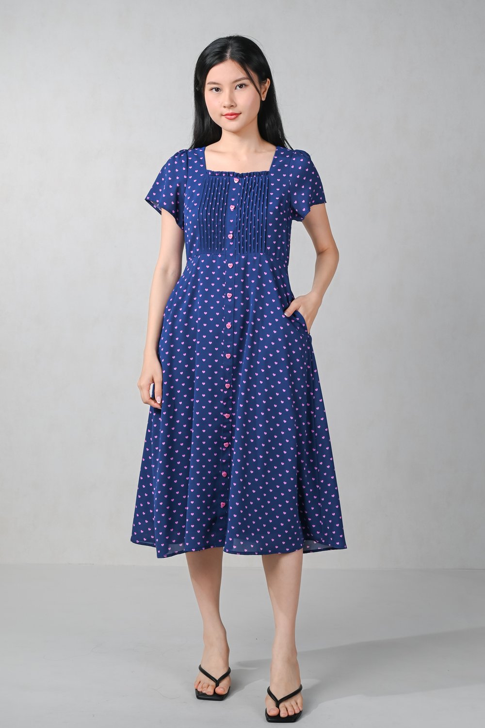 JADA NAVY HEARTS SQUARE-NECK MIDI DRESS
