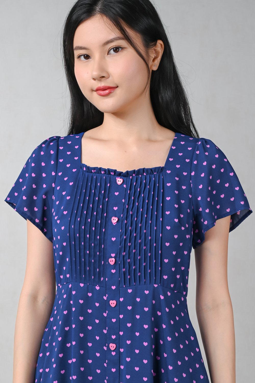 JADA NAVY HEARTS SQUARE-NECK MIDI DRESS