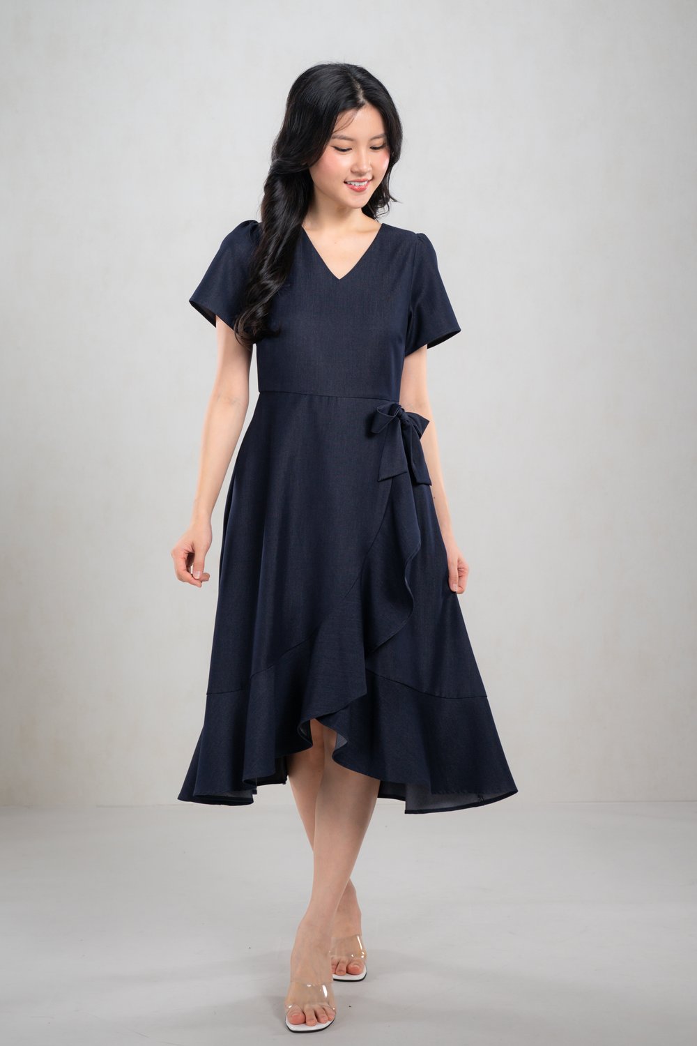 HANAKO SLEEVED RUFFLE DRESS IN DARK WASH