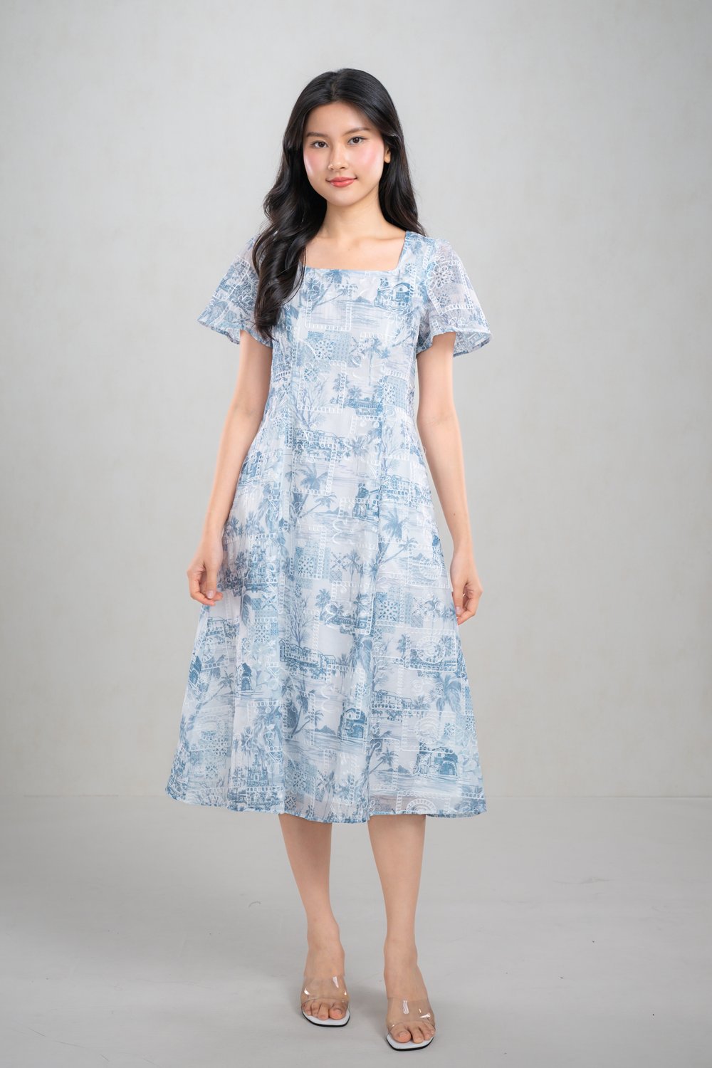 MAEBH BLUE TOILE SCOOP-NECK DRESS