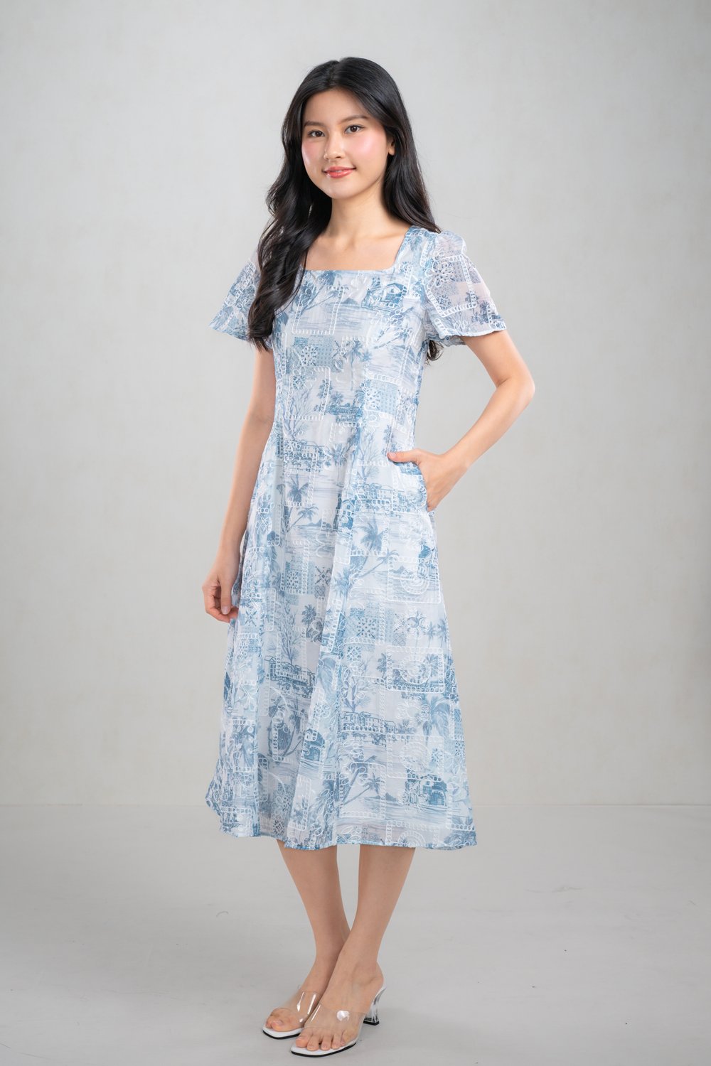 MAEBH BLUE TOILE SCOOP-NECK DRESS