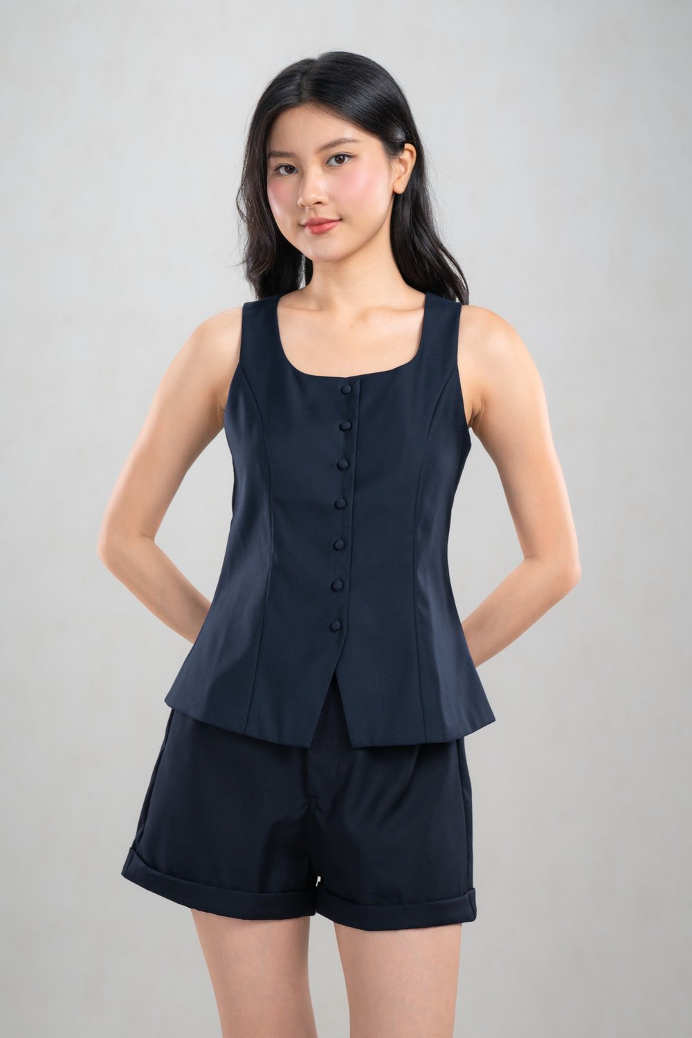 PRIESTLY SLEEVELESS BUTTON TOP IN NAVY